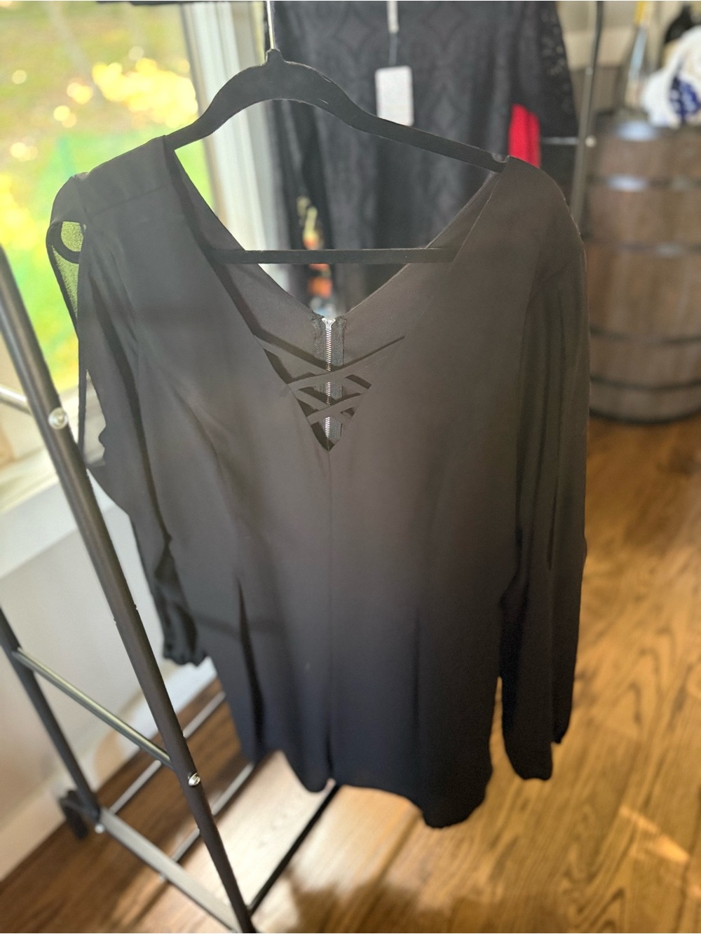 Womens Black V-Neck Long Sleeve Romper with Lattice Detail & Slit Sleeve Detail